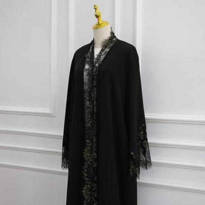 Lace-Panel Flared-Sleeve Open Abaya with Pockets(MOA332) - A-1 Thread Vault