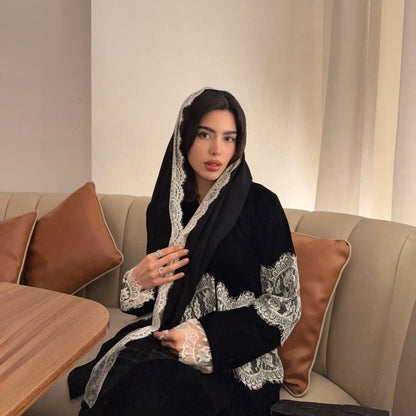 Lace Panel Open Abaya & Hijab Set(MOA319) - A-1 Thread Vault