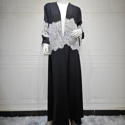 Lace Panel Open Abaya & Hijab Set(MOA319) - A-1 Thread Vault