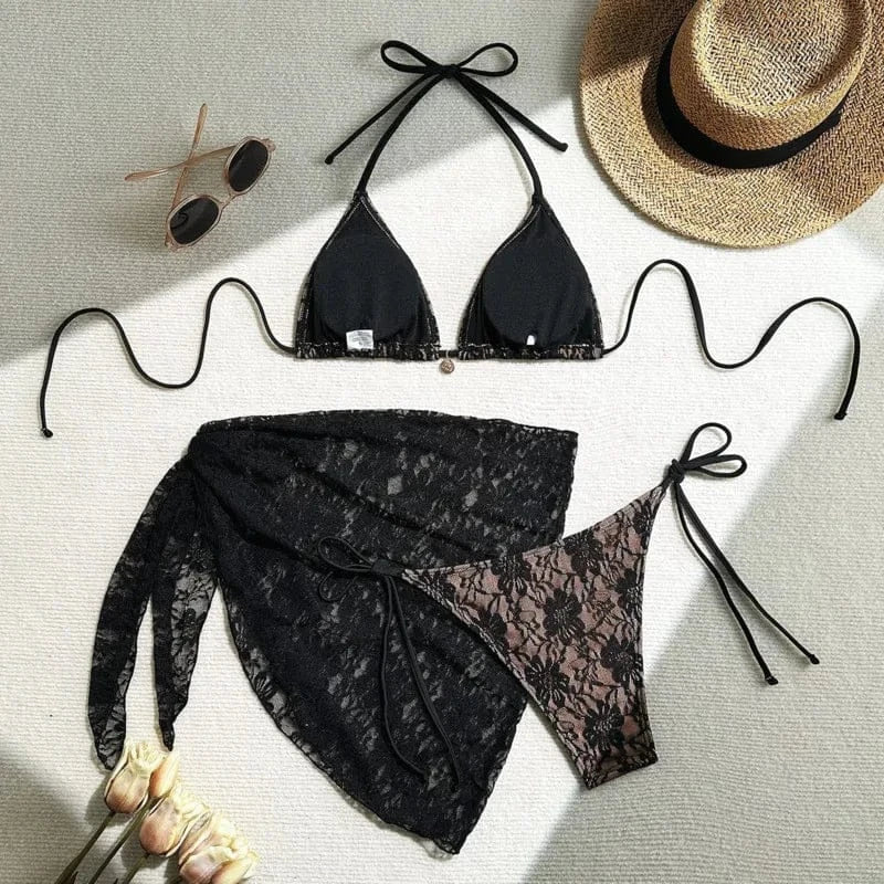 Lace Sexy Bikinis Female Swimsuits Women Three-Piece Swimwear Beach Swimming Wear Bathing Suits Brazilian Bikini Set Pool Bather - A-1 Thread Vault