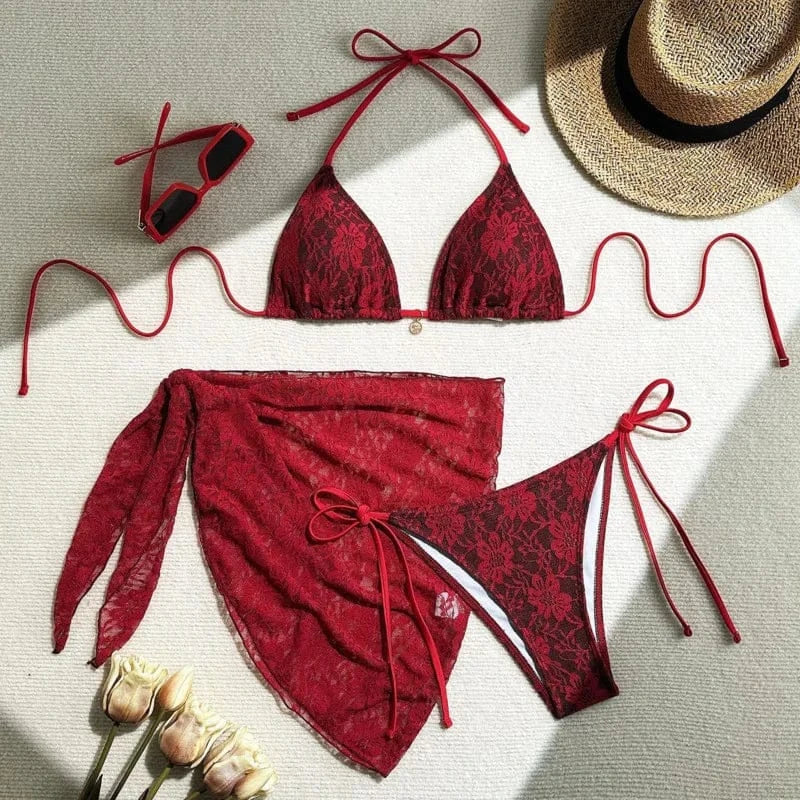 Lace Sexy Bikinis Female Swimsuits Women Three-Piece Swimwear Beach Swimming Wear Bathing Suits Brazilian Bikini Set Pool Bather - A-1 Thread Vault