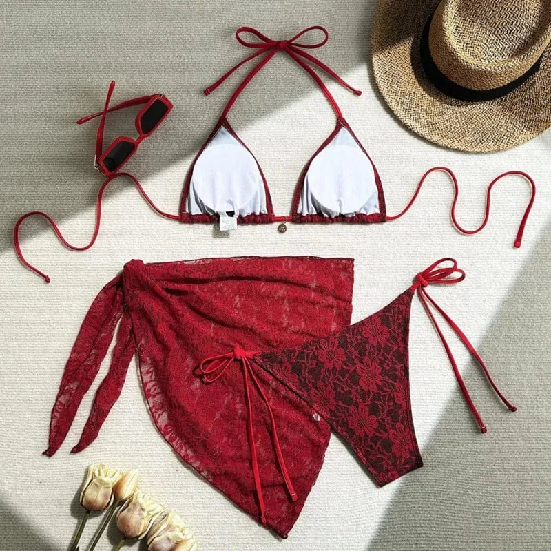 Lace Sexy Bikinis Female Swimsuits Women Three-Piece Swimwear Beach Swimming Wear Bathing Suits Brazilian Bikini Set Pool Bather - A-1 Thread Vault