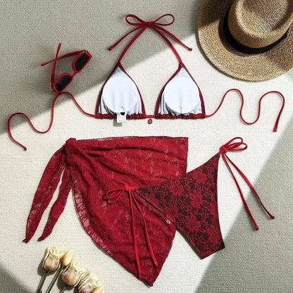 Lace Sexy Bikinis Female Swimsuits Women Three-Piece Swimwear Beach Swimming Wear Bathing Suits Brazilian Bikini Set Pool Bather - A-1 Thread Vault