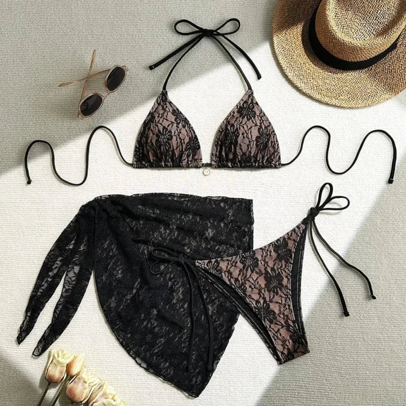 Lace Sexy Bikinis Female Swimsuits Women Three-Piece Swimwear Beach Swimming Wear Bathing Suits Brazilian Bikini Set Pool Bather - A-1 Thread Vault