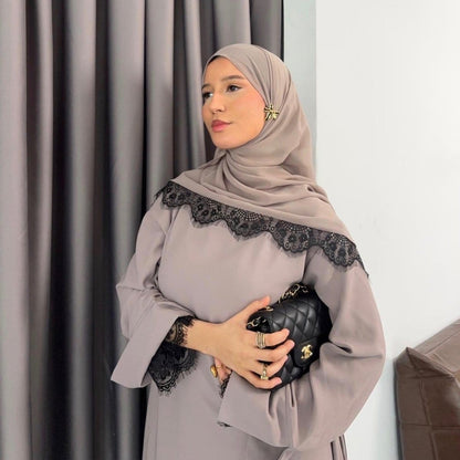 Lace Splice Nida Maxi Dress & Hijab Set(MA444) - A-1 Thread Vault