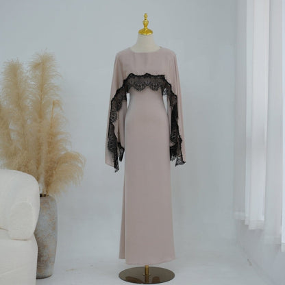 Lace Splice Satin Maxi Dress with Fixed Cape(MS438) - A-1 Thread Vault
