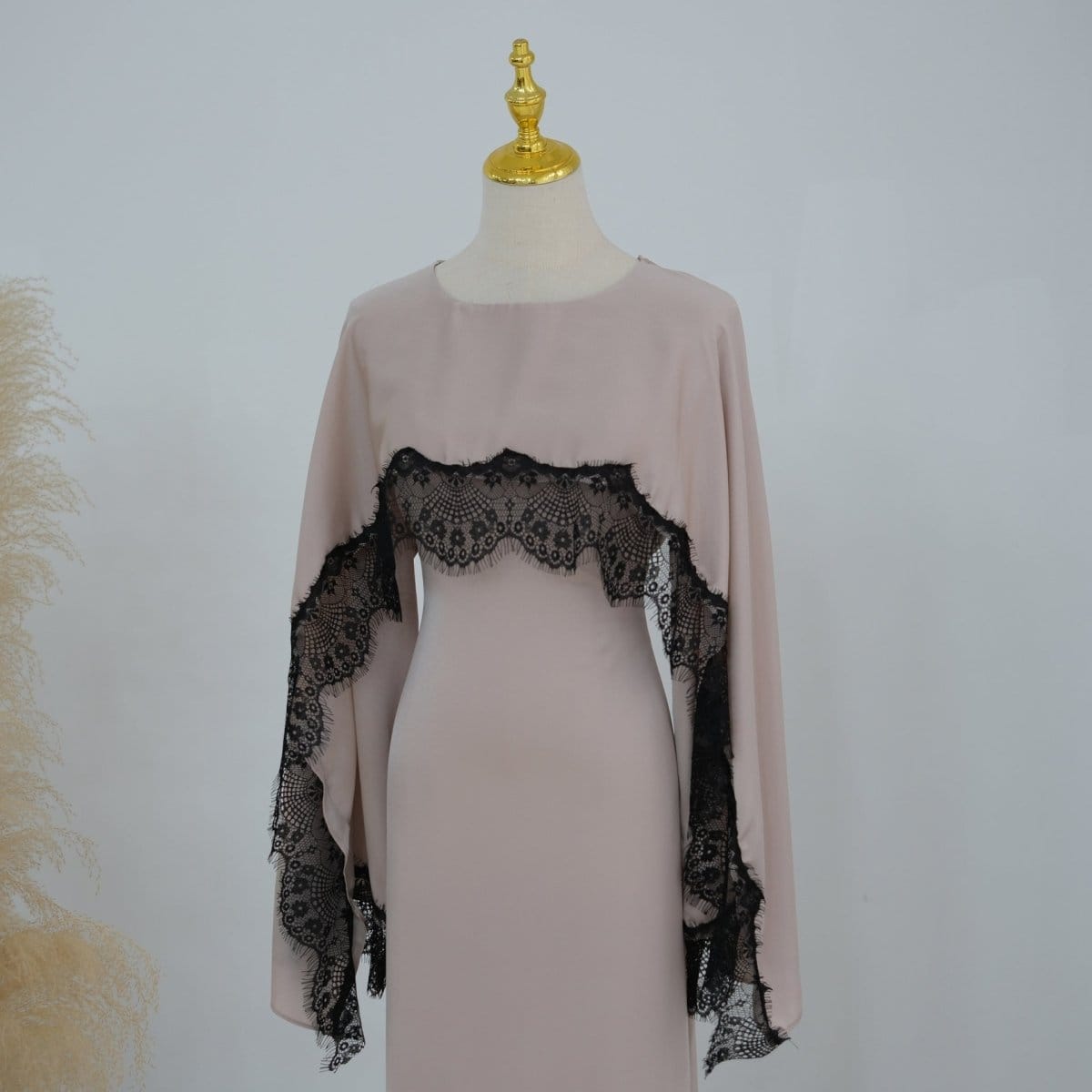 Lace Splice Satin Maxi Dress with Fixed Cape(MS438) - A-1 Thread Vault