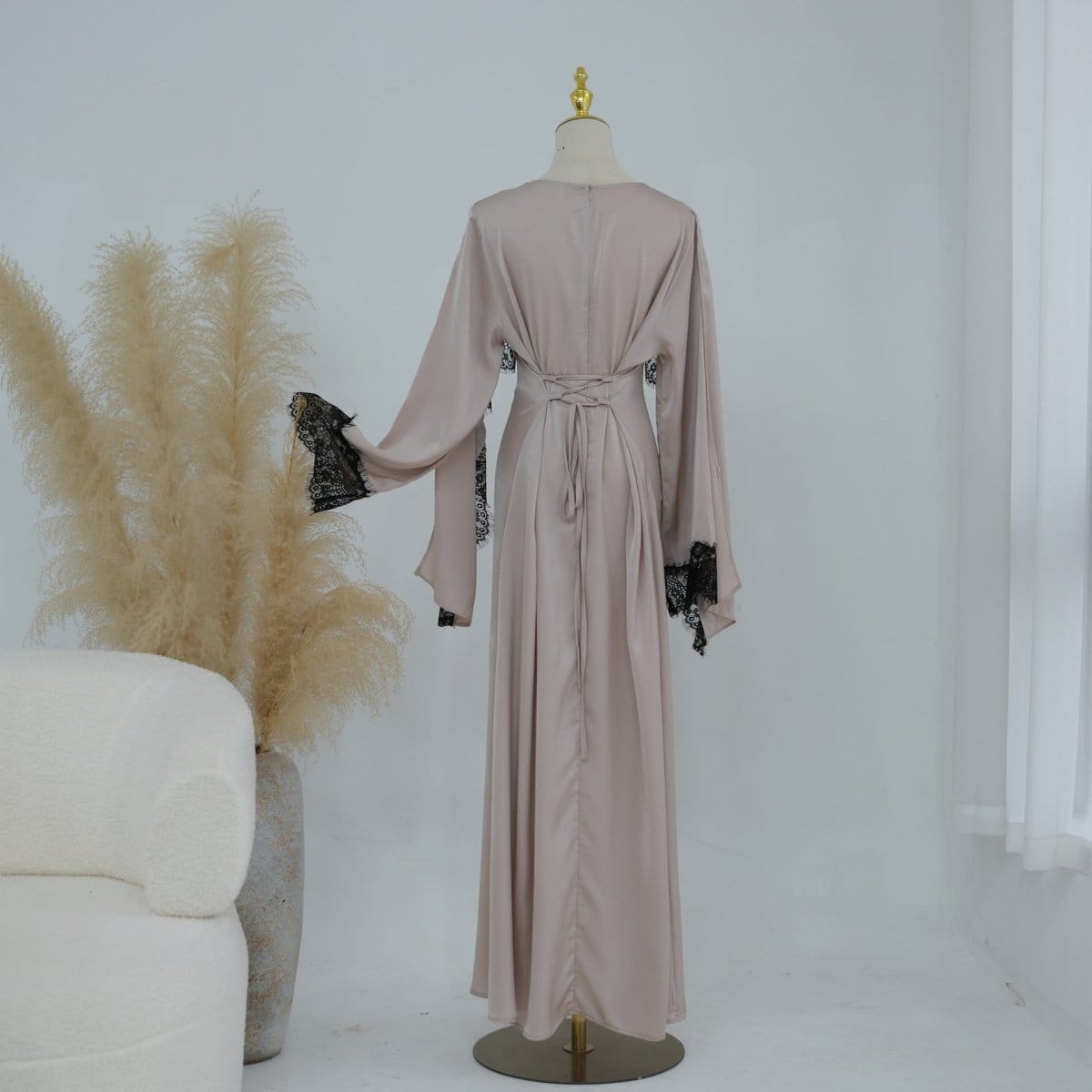 Lace Splice Satin Maxi Dress with Fixed Cape(MS438) - A-1 Thread Vault