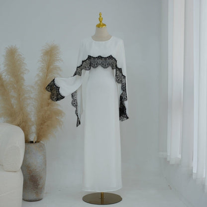 Lace Splice Satin Maxi Dress with Fixed Cape(MS438) - A-1 Thread Vault