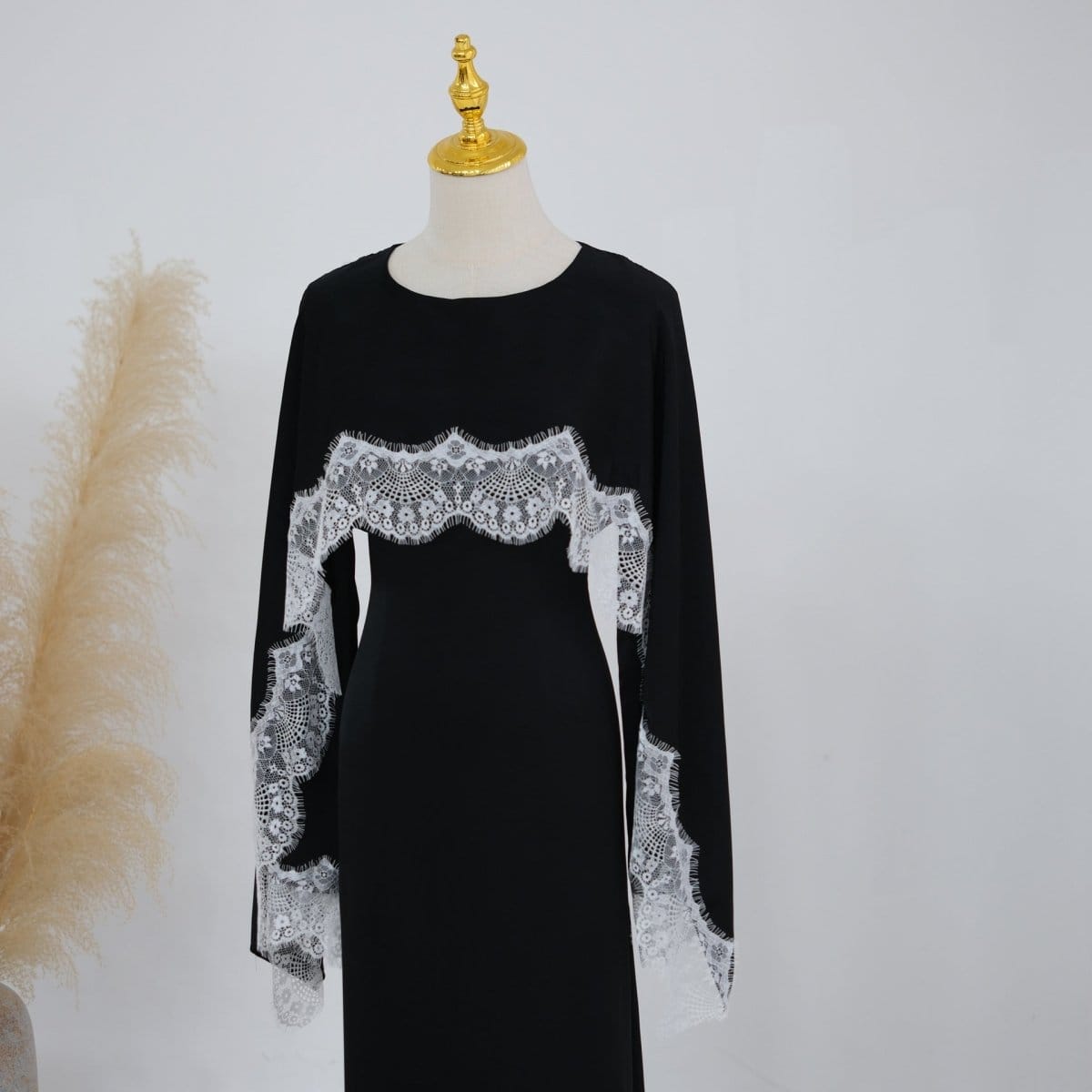 Lace Splice Satin Maxi Dress with Fixed Cape(MS438) - A-1 Thread Vault