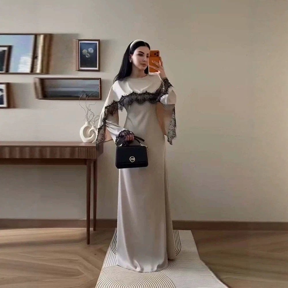 Lace Splice Satin Maxi Dress with Fixed Cape(MS438) - A-1 Thread Vault
