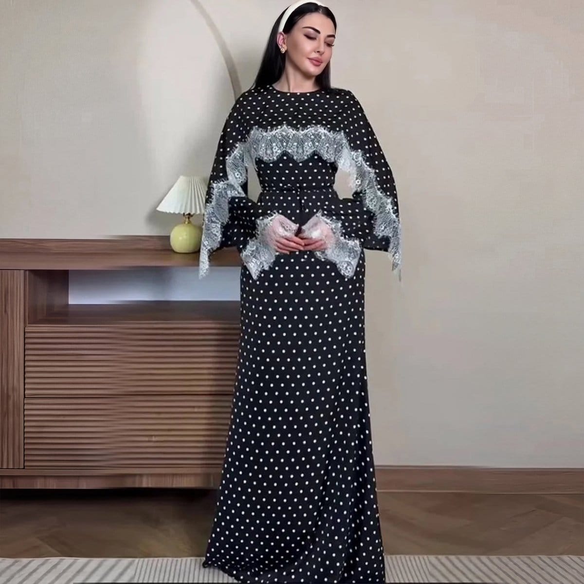 Lace Splice Satin Maxi Dress with Fixed Cape(MS438) - A-1 Thread Vault