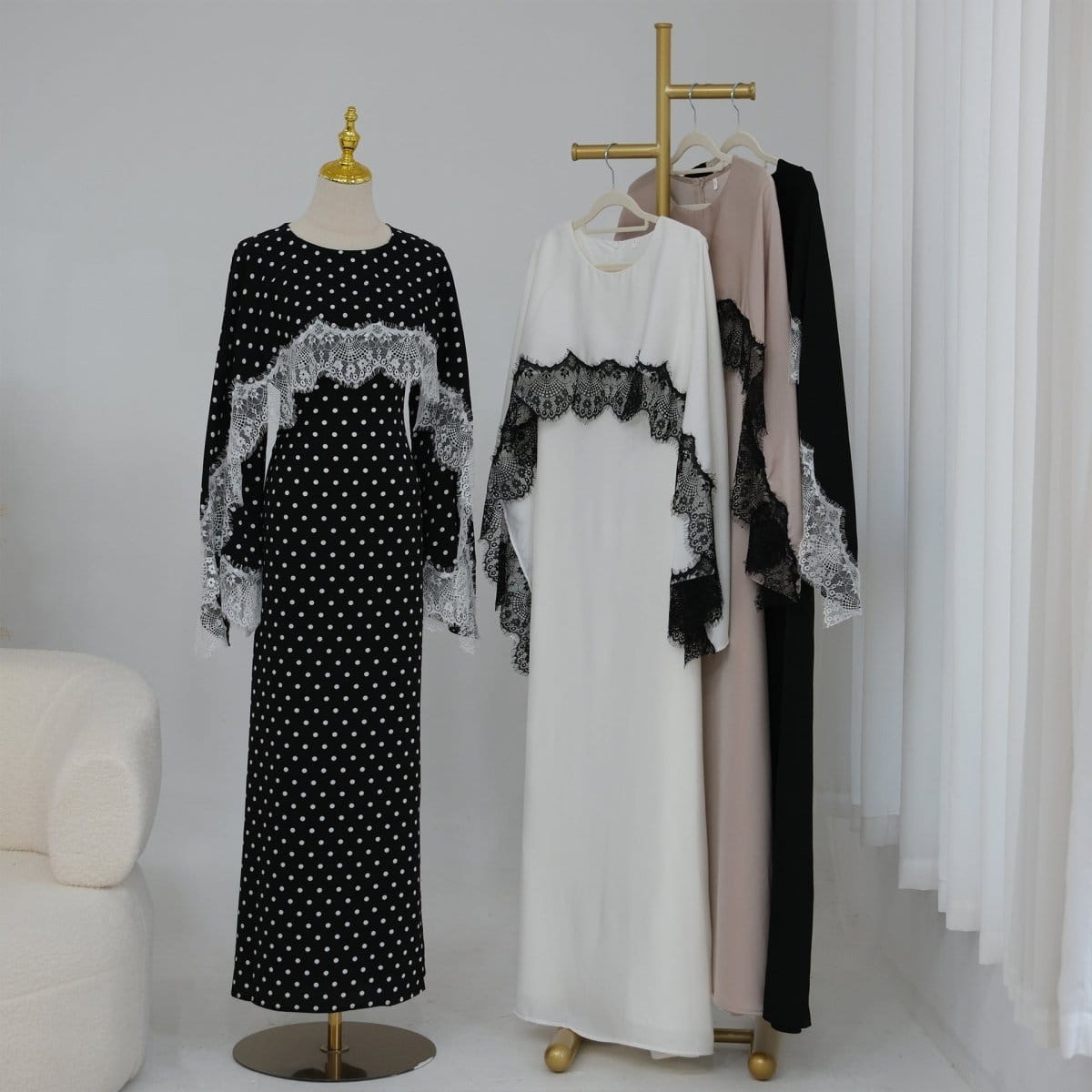 Lace Splice Satin Maxi Dress with Fixed Cape(MS438) - A-1 Thread Vault