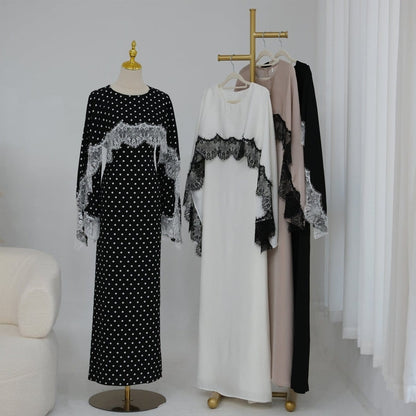 Lace Splice Satin Maxi Dress with Fixed Cape(MS438) - A-1 Thread Vault
