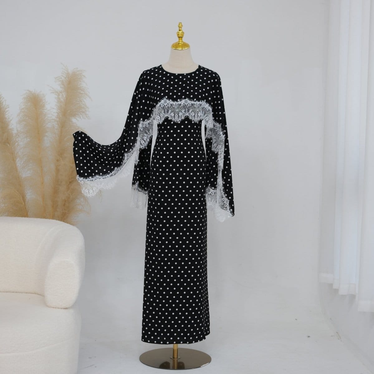 Lace Splice Satin Maxi Dress with Fixed Cape(MS438) - A-1 Thread Vault
