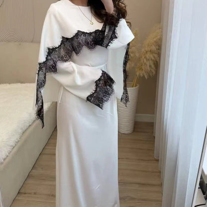 Lace Splice Satin Maxi Dress with Fixed Cape(MS438) - A-1 Thread Vault