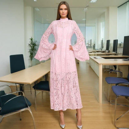 Lace Stand Collar Bell Sleeve Maxi Dress (MS395) - A-1 Thread Vault