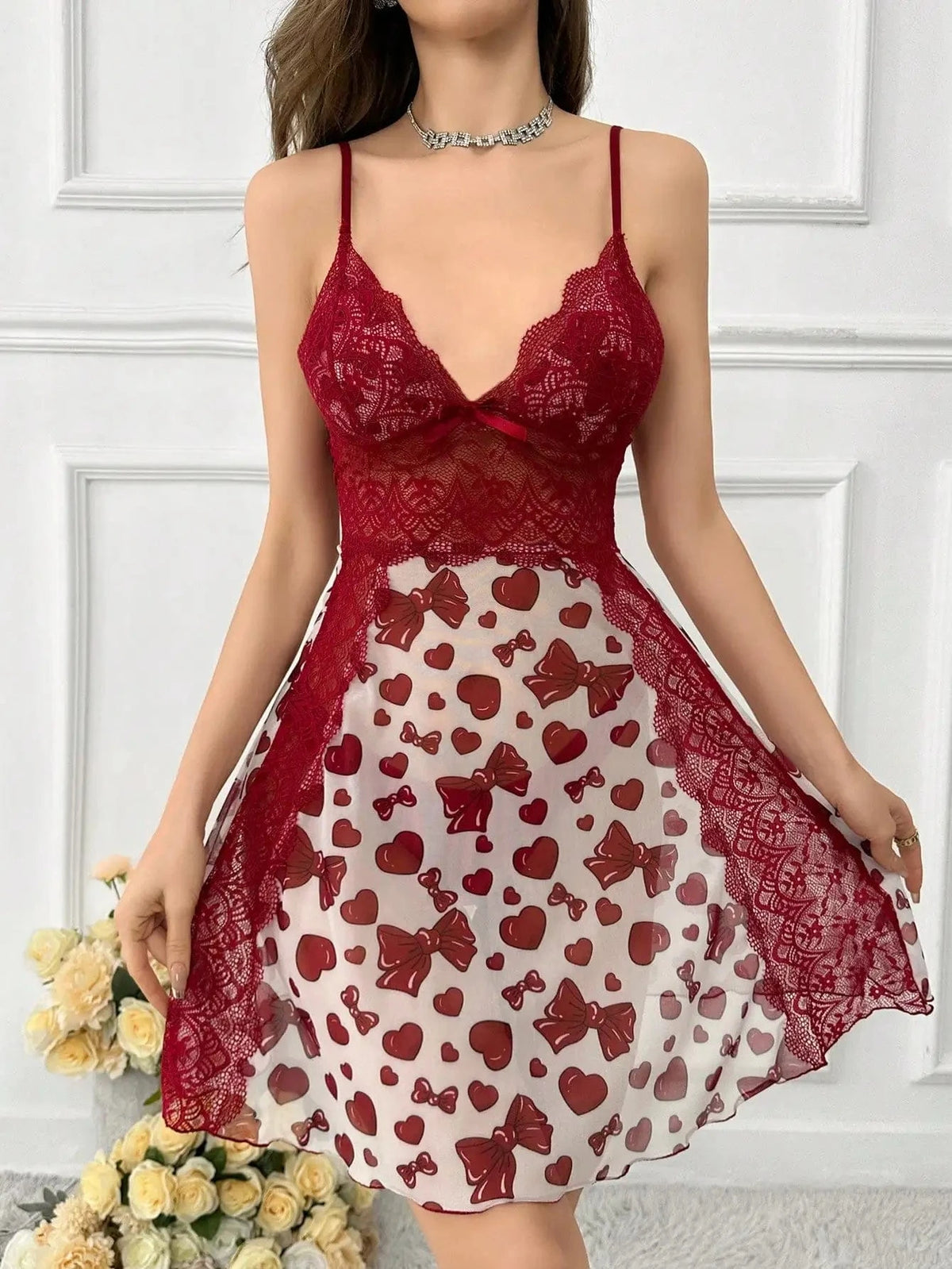 Lace stitching heart bow print mesh semi-perspective ladies suspender nightdress - A-1 Thread Vault