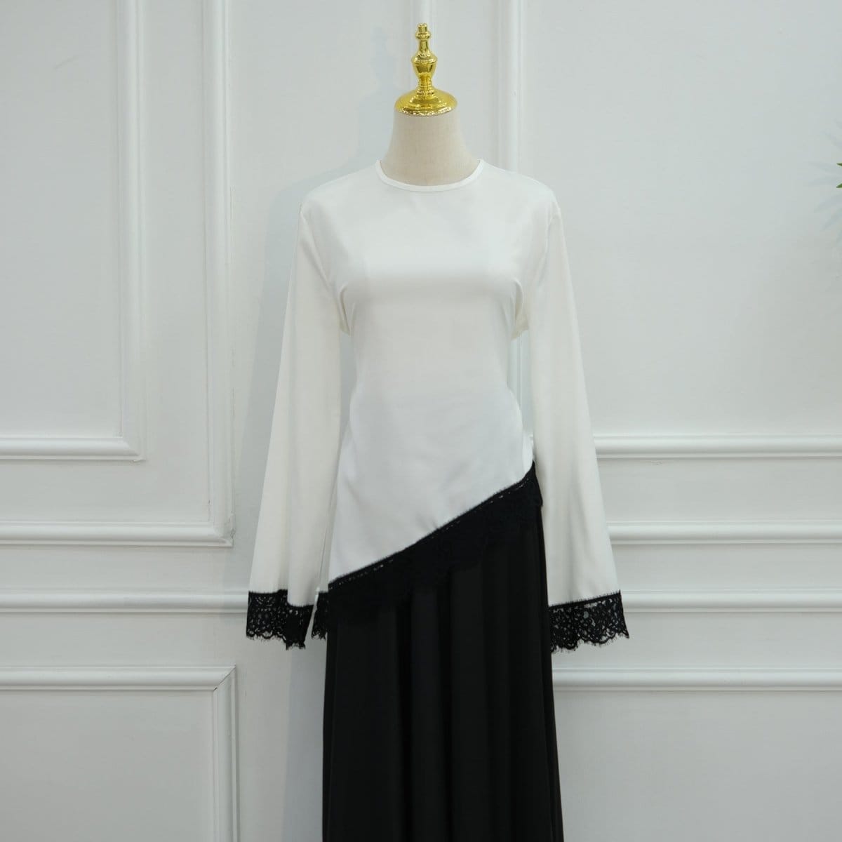 Lace Trim Contrast Panel Satin Top(MS407) - A-1 Thread Vault