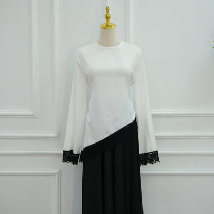 Lace Trim Contrast Panel Satin Top(MS407) - A-1 Thread Vault
