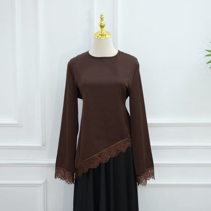Lace Trim Contrast Panel Satin Top(MS407) - A-1 Thread Vault