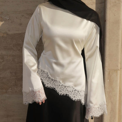 Lace Trim Contrast Panel Satin Top(MS407) - A-1 Thread Vault