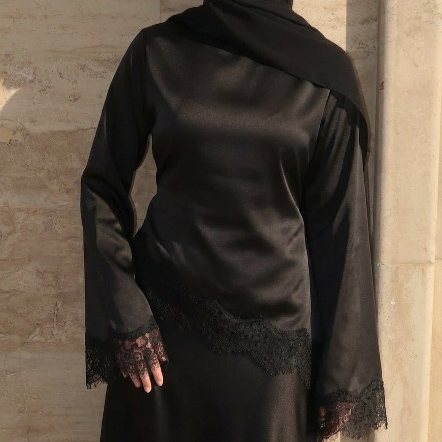 Lace Trim Contrast Panel Satin Top(MS407) - A-1 Thread Vault