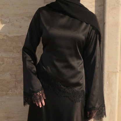 Lace Trim Contrast Panel Satin Top(MS407) - A-1 Thread Vault