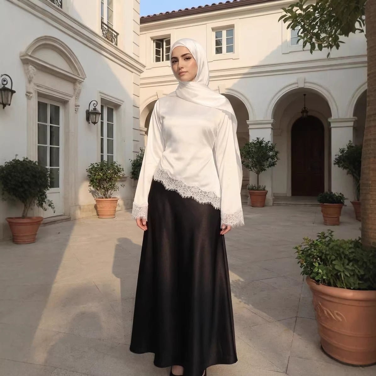 Lace Trim Contrast Panel Satin Top(MS407) - A-1 Thread Vault