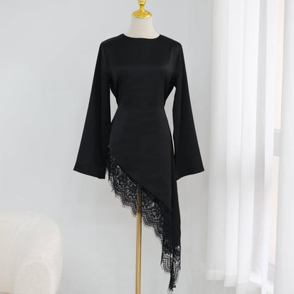 Lace Trim Contrast Panel Satin Top(MS408) - A-1 Thread Vault