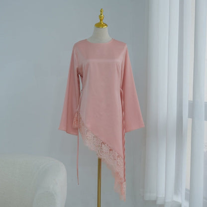 Lace Trim Contrast Panel Satin Top(MS408) - A-1 Thread Vault