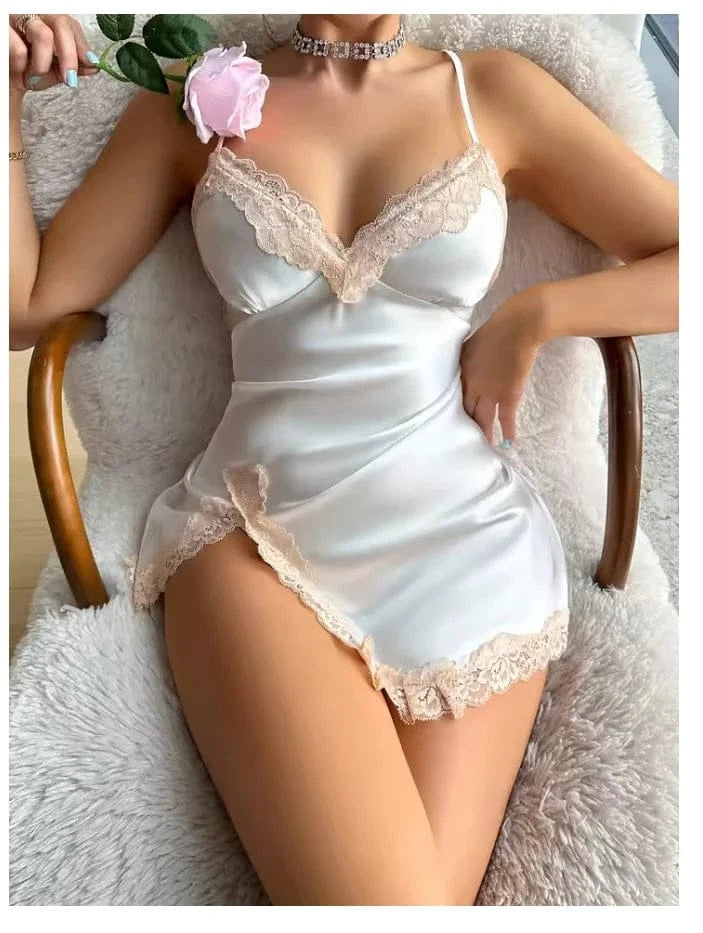 Lace Trim Leopard Nightdress V Neck Backless Side Split Slip Sleep Dress Women's Sleepwear Dresses - A-1 Thread Vault