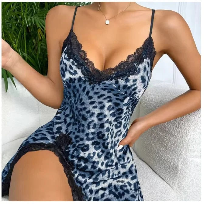 Lace Trim Leopard Nightdress V Neck Backless Side Split Slip Sleep Dress Women's Sleepwear Dresses - A-1 Thread Vault