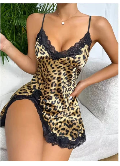 Lace Trim Leopard Nightdress V Neck Backless Side Split Slip Sleep Dress Women's Sleepwear Dresses - A-1 Thread Vault