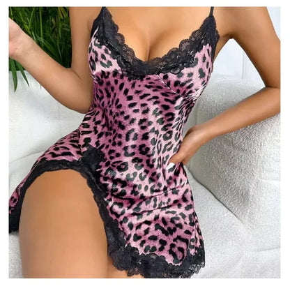Lace Trim Leopard Nightdress V Neck Backless Side Split Slip Sleep Dress Women's Sleepwear Dresses - A-1 Thread Vault