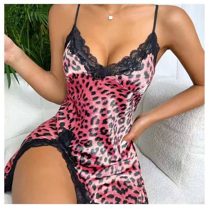 Lace Trim Leopard Nightdress V Neck Backless Side Split Slip Sleep Dress Women's Sleepwear Dresses - A-1 Thread Vault