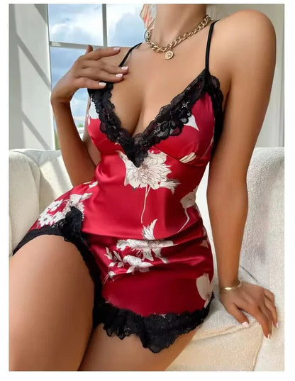 Lace Trim Leopard Nightdress V Neck Backless Side Split Slip Sleep Dress Women's Sleepwear Dresses - A-1 Thread Vault