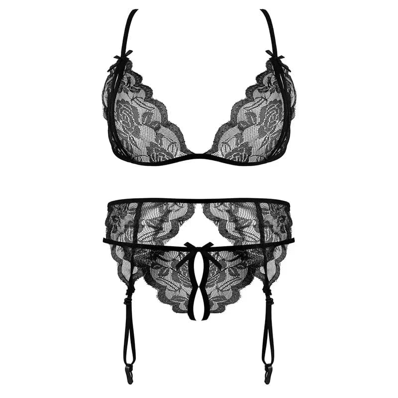 Lace Women Lingerie Set 4 Pcs Sling Open Bra Sexy Wiht Garter Panties Push Up Bra Set Erotic Transparent Underwear Net Stockings - A-1 Thread Vault