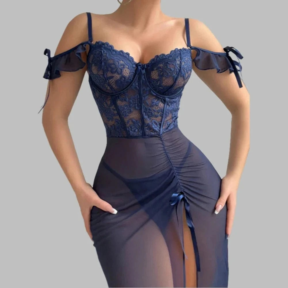 Ladies V Neck Sleepwear Set with Spaghetti Straps Lace Up Front and Sheer Mesh Fabric with Slit Includes Nightdress and Panties - A-1 Thread Vault