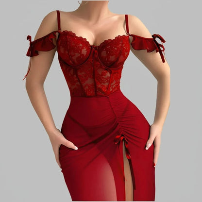 Ladies V Neck Sleepwear Set with Spaghetti Straps Lace Up Front and Sheer Mesh Fabric with Slit Includes Nightdress and Panties - A-1 Thread Vault