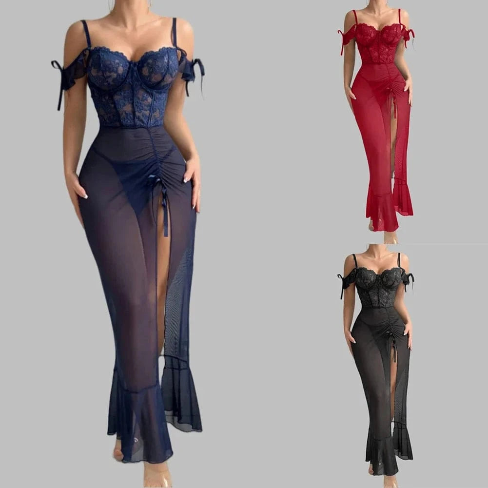 Ladies V Neck Sleepwear Set with Spaghetti Straps Lace Up Front and Sheer Mesh Fabric with Slit Includes Nightdress and Panties - A-1 Thread Vault