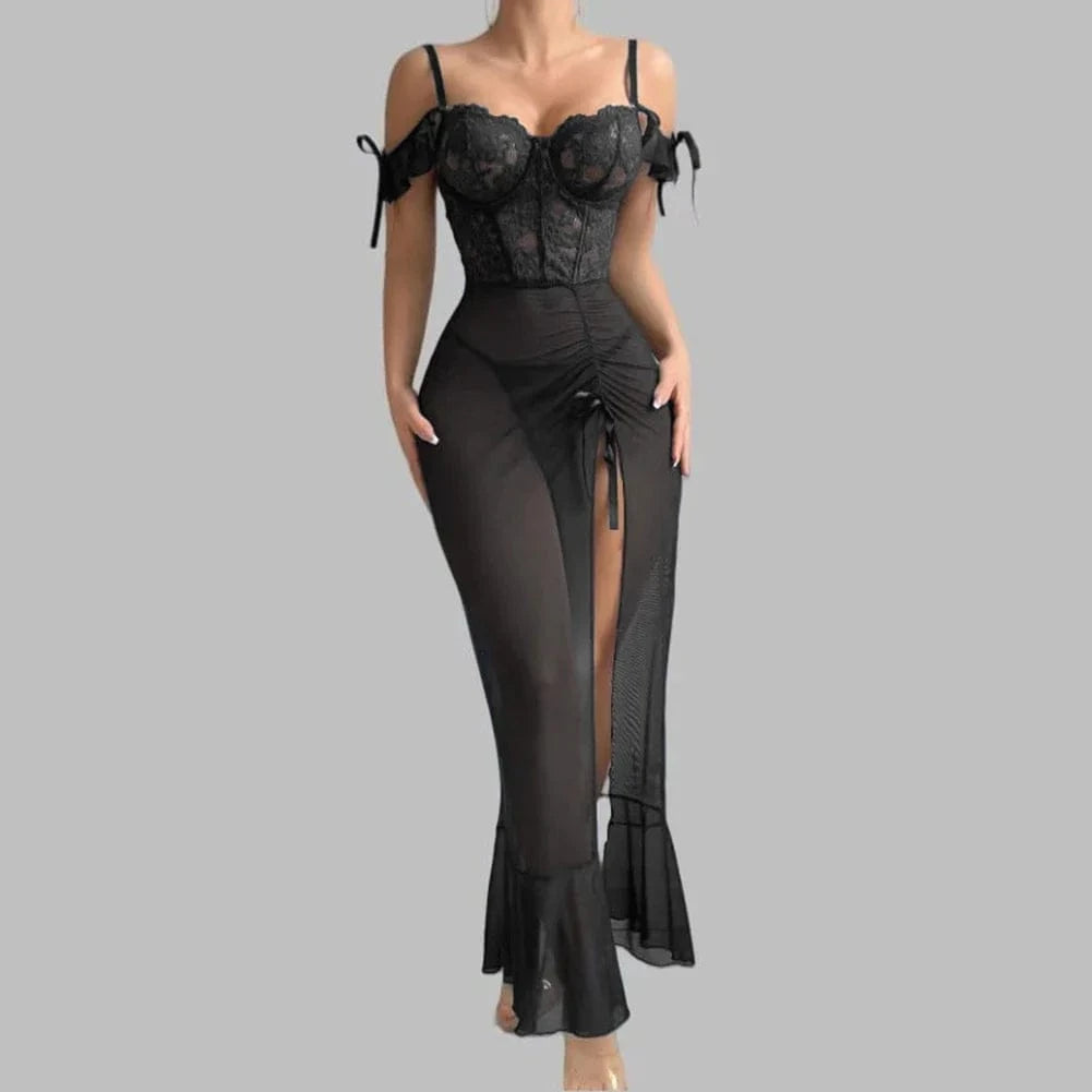 Ladies V Neck Sleepwear Set with Spaghetti Straps Lace Up Front and Sheer Mesh Fabric with Slit Includes Nightdress and Panties - A-1 Thread Vault