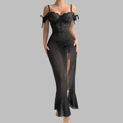 Ladies V Neck Sleepwear Set with Spaghetti Straps Lace Up Front and Sheer Mesh Fabric with Slit Includes Nightdress and Panties - A-1 Thread Vault