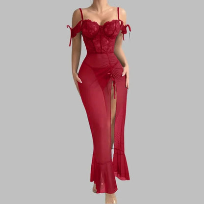 Ladies V Neck Sleepwear Set with Spaghetti Straps Lace Up Front and Sheer Mesh Fabric with Slit Includes Nightdress and Panties - A-1 Thread Vault