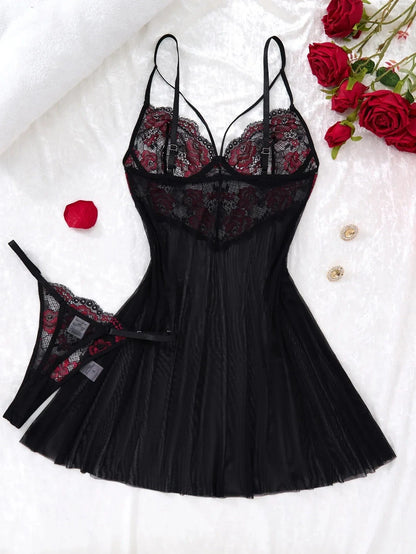 Lady's sexy lace black strapless nightgown, transparent lace nightgown, floral pattern with strapless transparent ZA825133 - A-1 Thread Vault