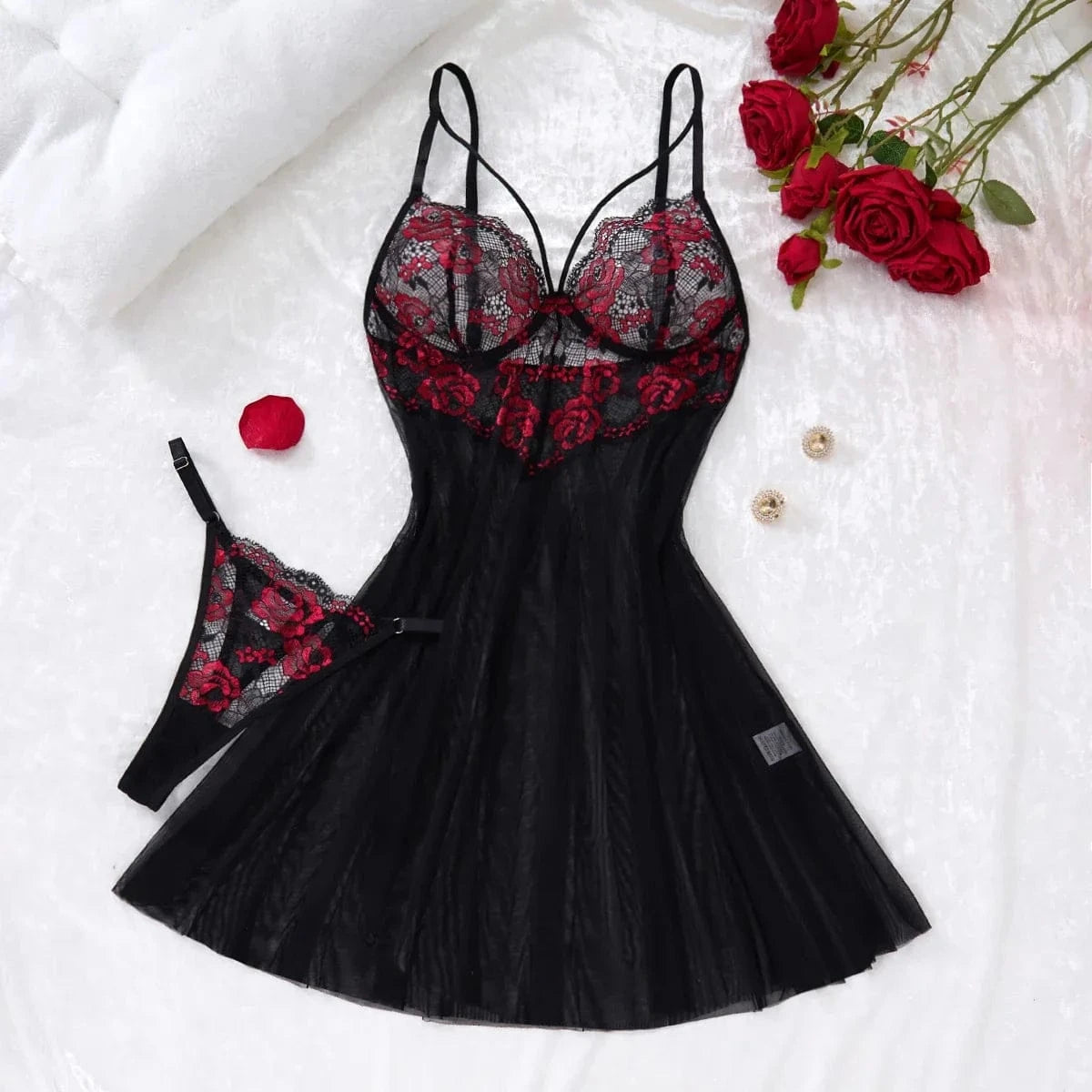 Lady's sexy lace black strapless nightgown, transparent lace nightgown, floral pattern with strapless transparent ZA825133 - A-1 Thread Vault
