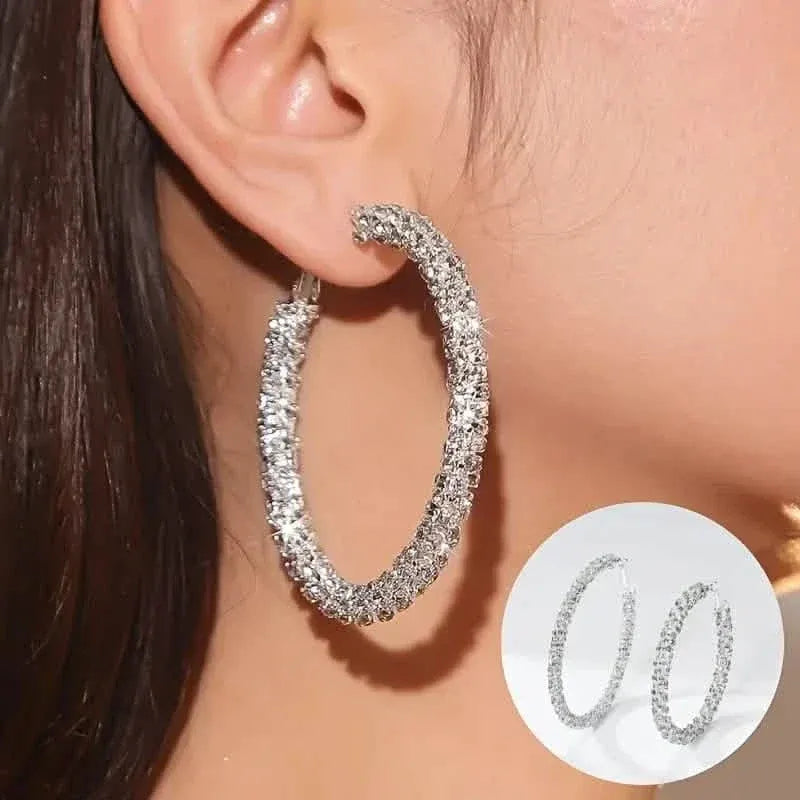 Large Full Rhinestone Silver Hoop Earrings - A-1 Thread Vault