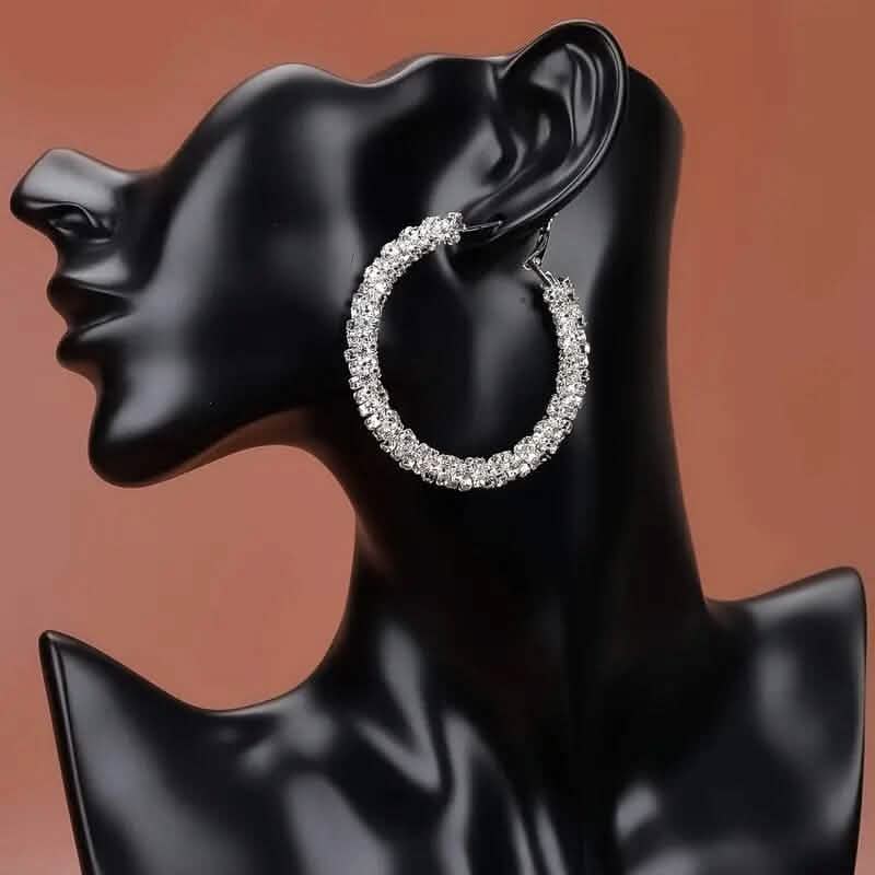 Large Full Rhinestone Silver Hoop Earrings - A-1 Thread Vault