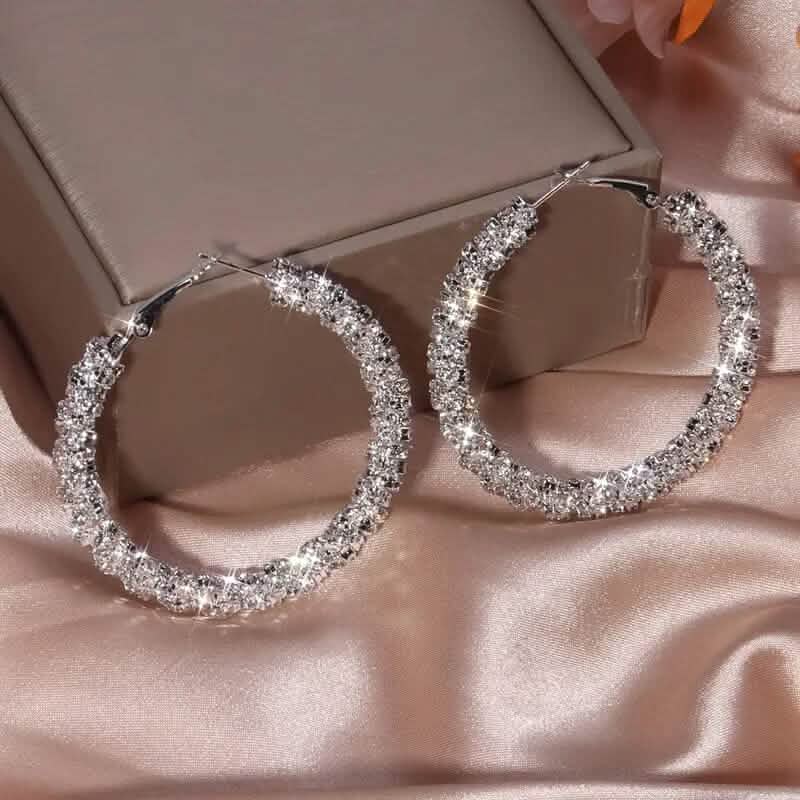 Large Full Rhinestone Silver Hoop Earrings - A-1 Thread Vault