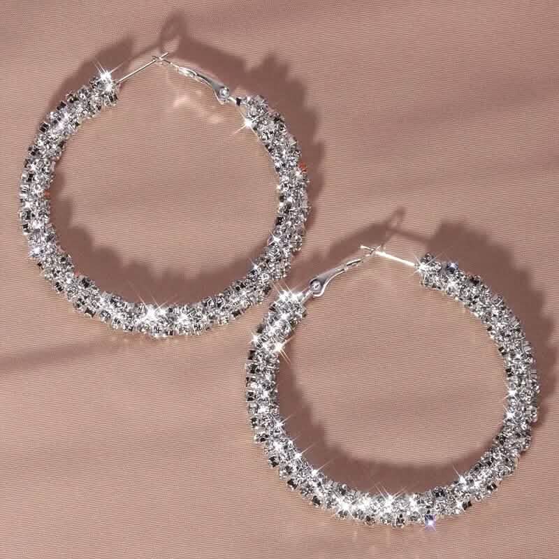 Large Full Rhinestone Silver Hoop Earrings - A-1 Thread Vault